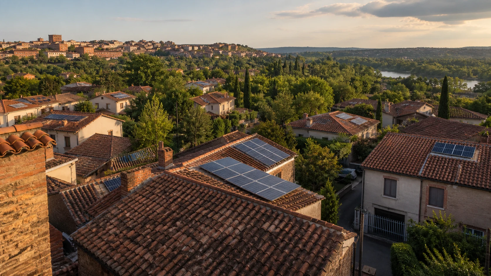 Toitures solaires autour d’Albi Quartier résidentiel arboré près d’Albi avec plusieurs toitures photovoltaïques