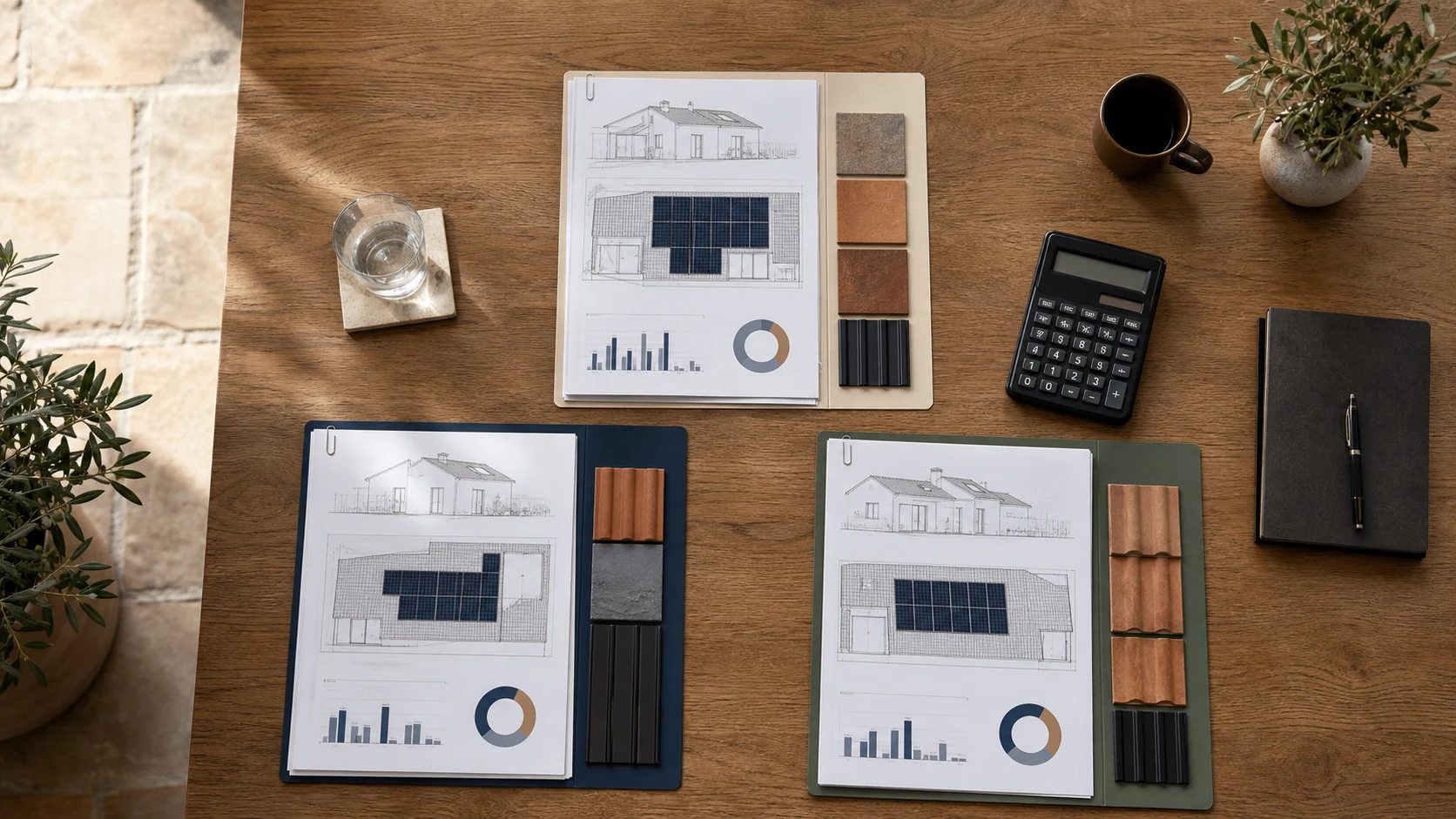 Trois études photovoltaïques et des échantillons comparés sur une table