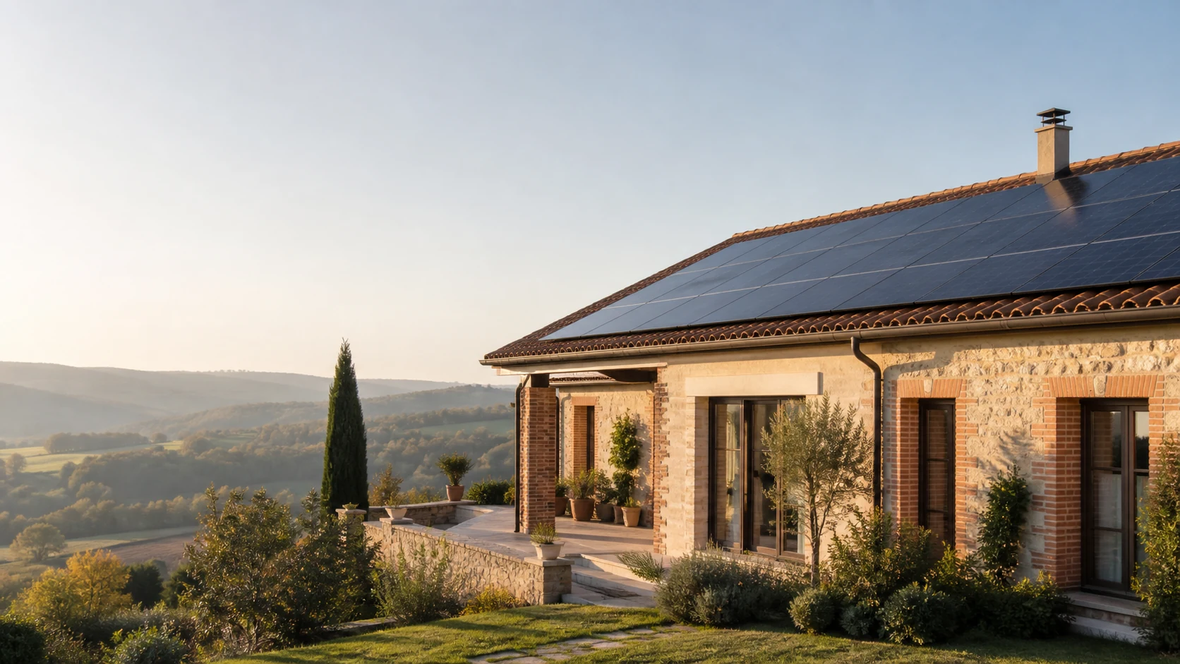 Maison tarnaise et installation photovoltaïque Maison tarnaise en pierre avec panneaux photovoltaïques sur une toiture en tuiles