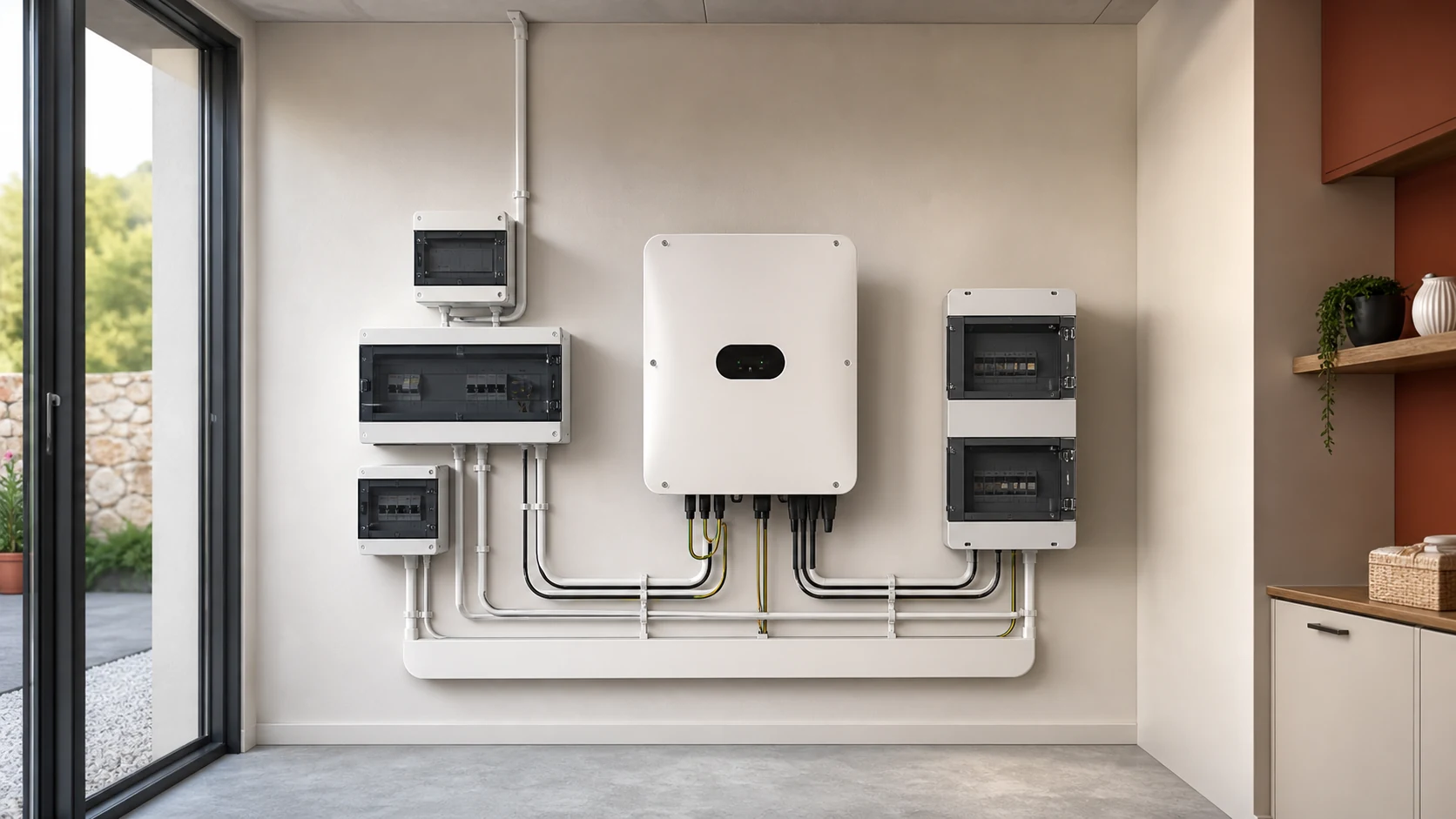 Onduleur et protections électriques Onduleur solaire et coffrets de protection installés dans un local technique propre