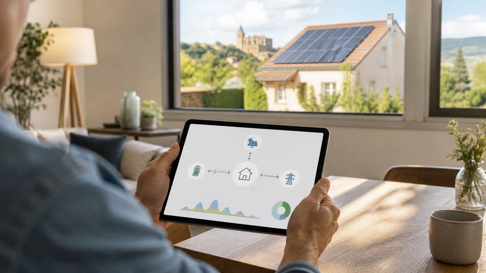 Tablette de suivi énergétique devant une maison équipée de panneaux solaires